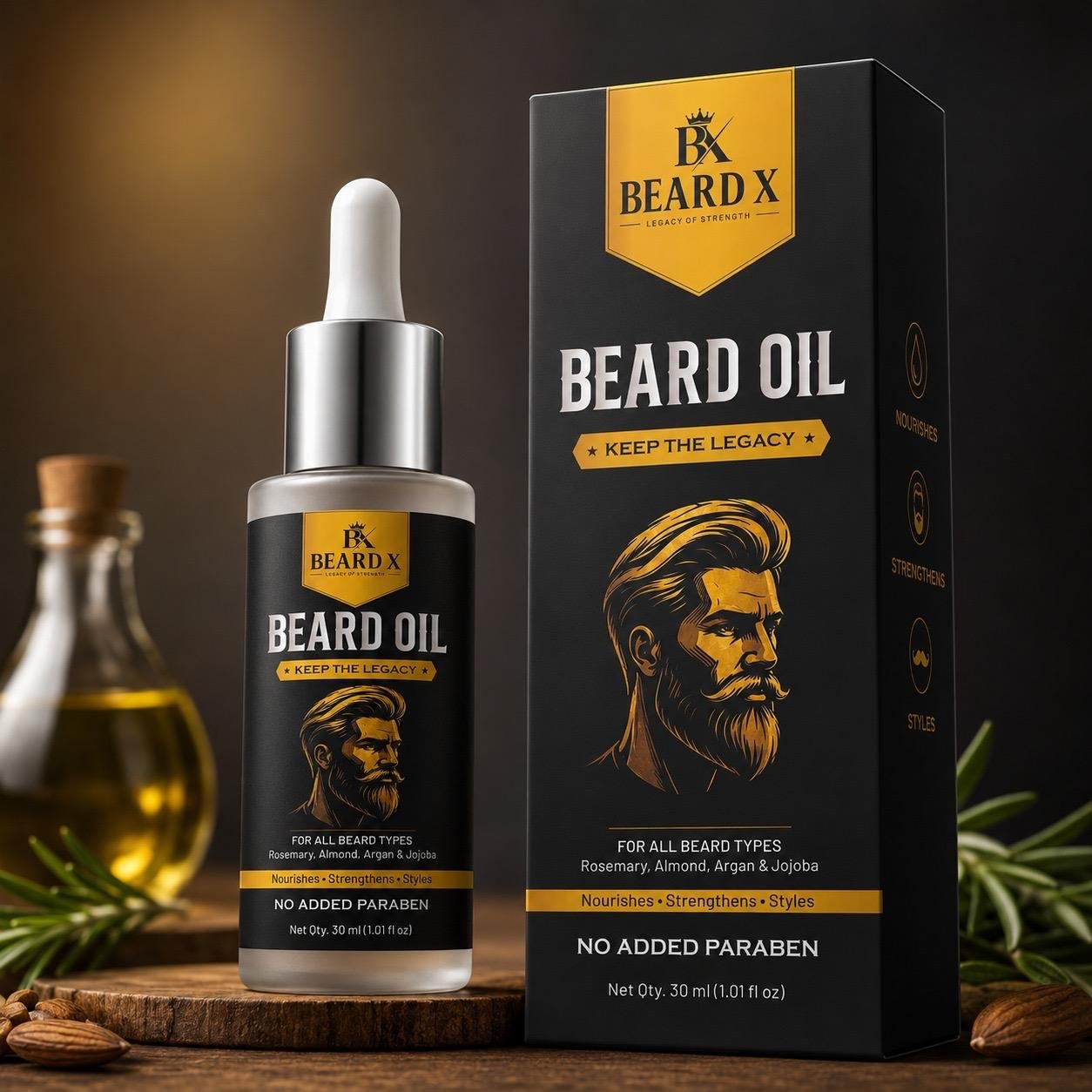 Beard X Beard Oil 30 ml dropper bottle with its black and gold box
